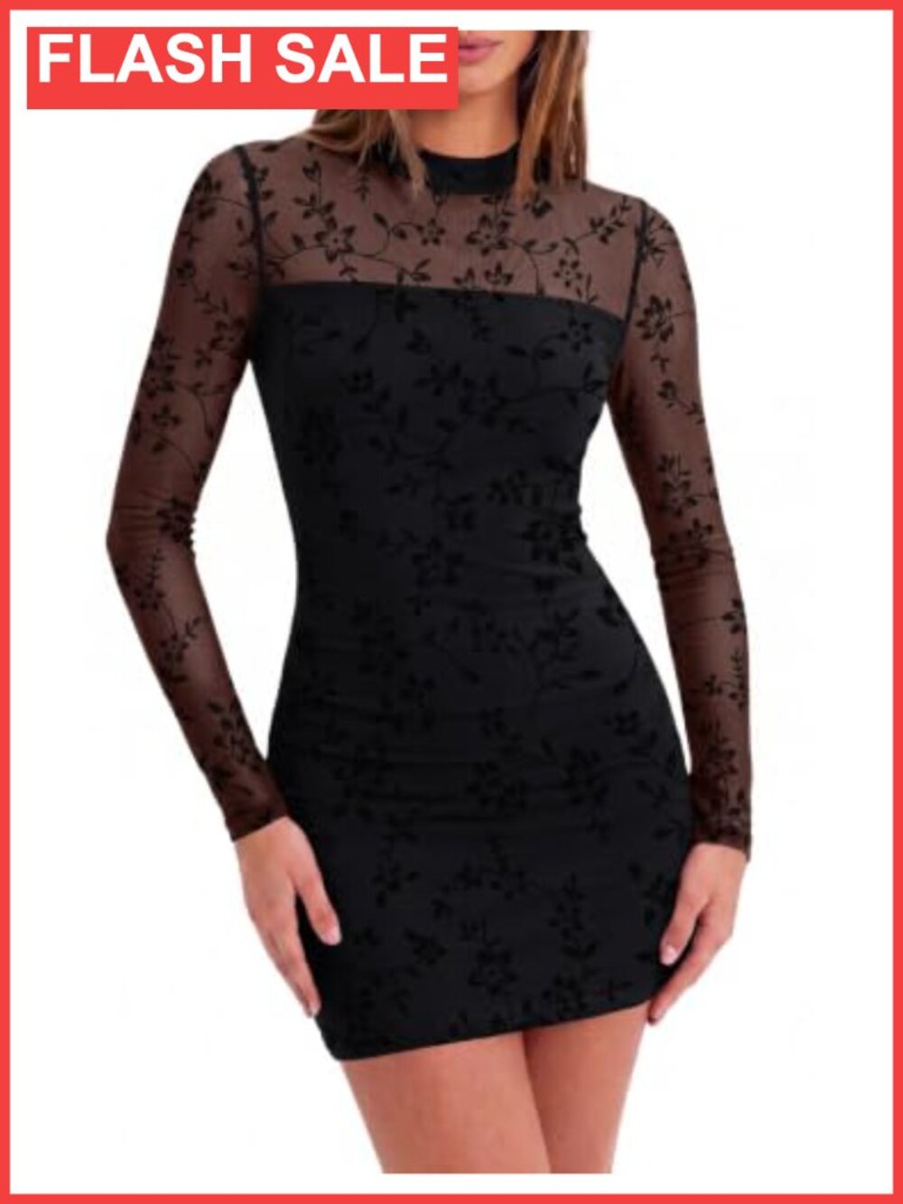 Mesh Sheer Long Sleeve Ruched Bodycon Mini Dress Mock Neck